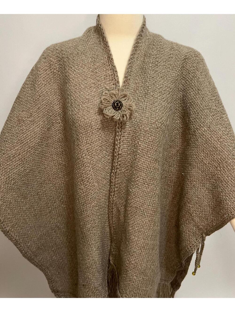 Woven on the Loom Llama Wool Ruana: Taupe Beige Poncho Cape with Crochet Trim